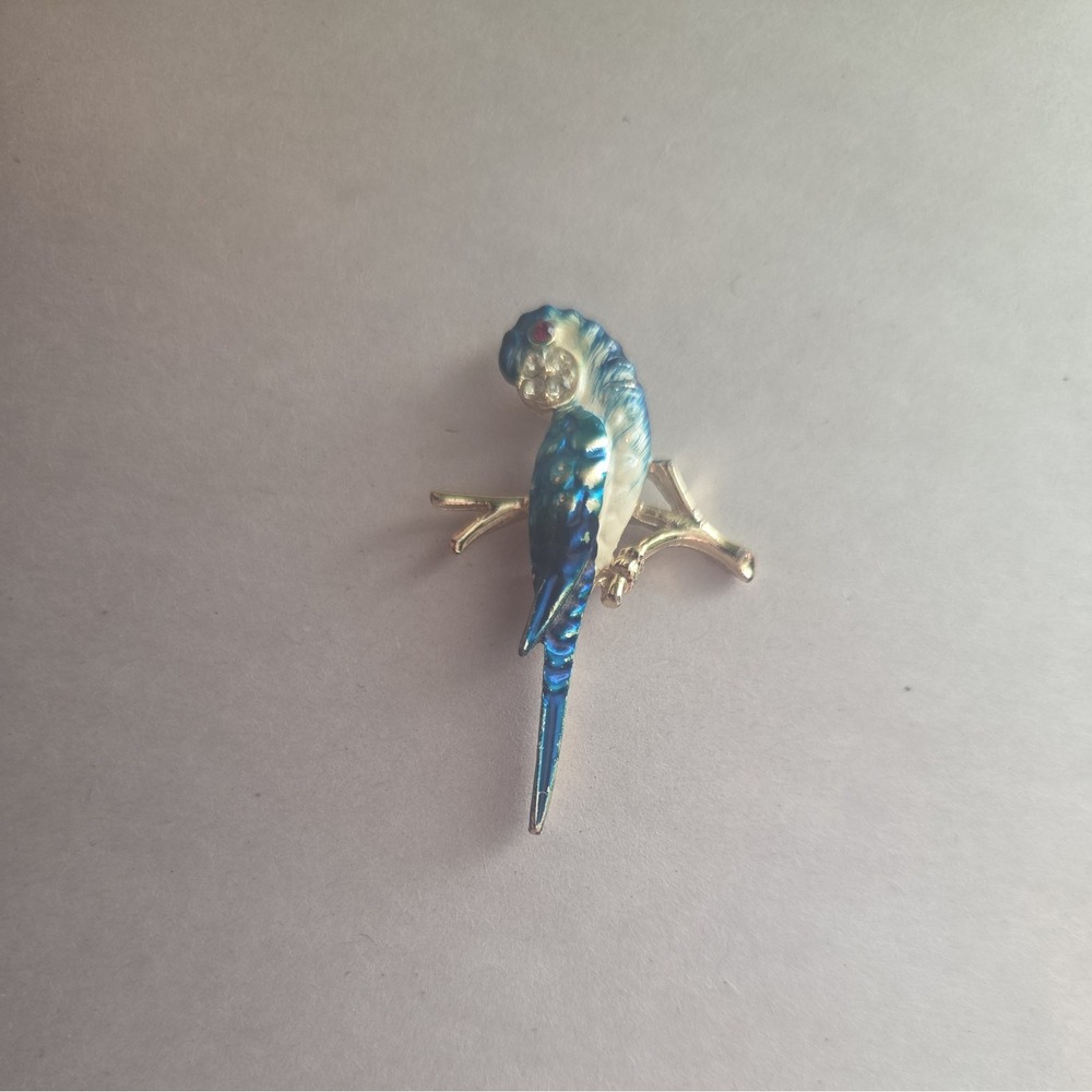 Enamel Parrot Rhinestone Enamel Brooch Pin 80s Costume Jewelry Blue Macaw Vtg